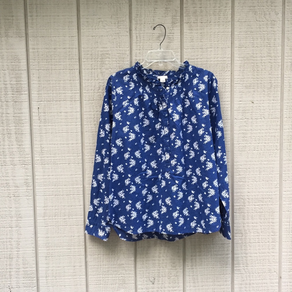 J. Crew blue floral ruffle popover blouse, M